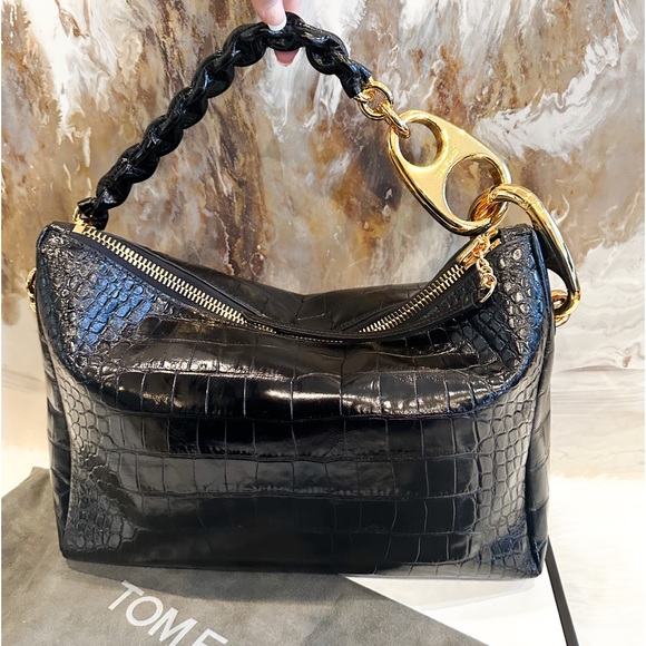 IN STORES  $5200 Tom Ford Black Croc Embossed Leather Carine Large Hobo Bag - Picture 5 of 16